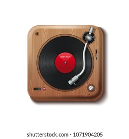 Vintage player vinyl. Turntable playing vinyl. Wooden record player in retro style. Vector illustration