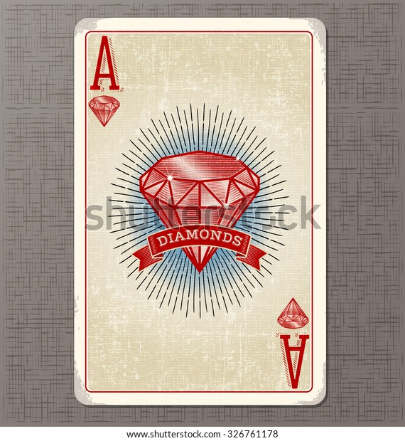 Vintage playing card. Ace of Diamonds with\
illustrated diamond and ribbon\
banner