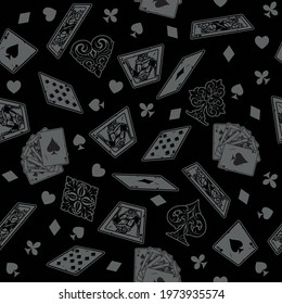 Vintage playing cards seamless pattern with diamonds hearts clubs spades suits symbols falling cards and royal flush poker hands in monochrome style vector illustration