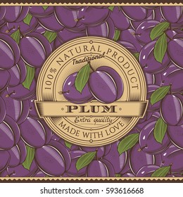 Vintage Plum Label On Seamless Pattern