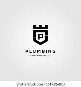 vintage plumbing service logo crown shield vector illustration design