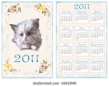 vintage pocket calendar 2011 with kitten. 70 x105 mm