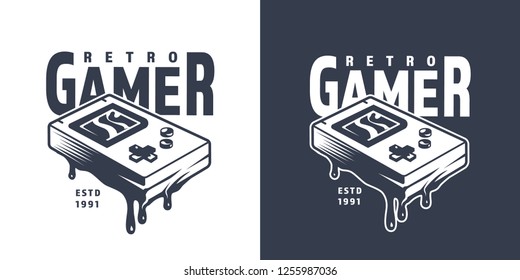 Vintage pocket game console emblem with inscription in monochrome style isolated vector illustration