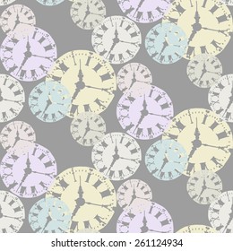 Vintage Pocket Watch Face Seamless Pattern on grey background. Grunge style texture. Time concept. Cloth & rug design. Can be used for wallpaper, pattern fills, web page background & surface textures.