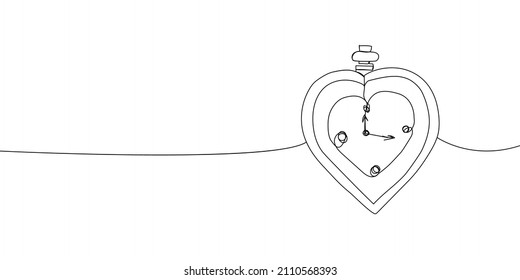 Vintage pocket watch with heart continuous line drawing. One line art of time of love, long term relationship, life, sand, symbolism, gift.