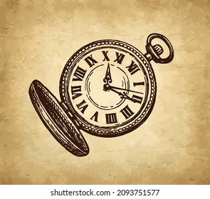 Reloj de bolsillo vintage. Esbozo de tinta sobre fondo de papel antiguo. Ilustración vectorial dibujada a mano. Dibujo de trazo de estilo retro.