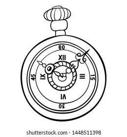 Vintage pocket watch isolated on white background. For tattoo, logo or print. Hand drawn print for adult anti stress coloring page. 