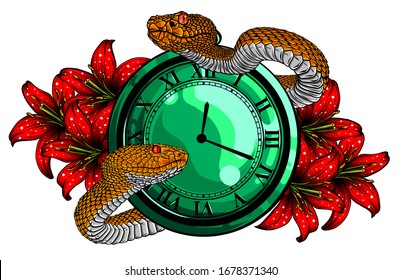 Vintage pocket watch with leaves and snake