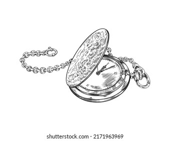 Vintage pocket watch with open lid, hand drawn engraving vector illustration isolated on white background. Gentlemen retro watch or timepiece on a chain.