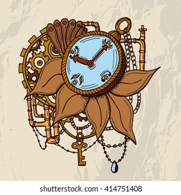 Vintage pocket watch with petails, chains, pipes, jewelry, keys on grunge background. For tattoo, logo or print. Hand drawn watch .