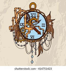 Vintage pocket watch with petails, chains, pipes, jewelry on grunge background. For tattoo, logo or print. Hand drawn watch .