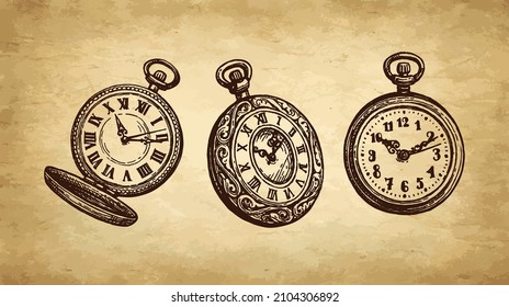 Vintage pocket watch set. Ink sketch on old paper background. Hand drawn vector illustration. Retro style stroke drawing.