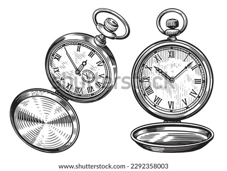 Vintage pocket watch set. Time, watch concept. Hand drawn sketch vector illustration