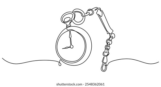 Reloj de bolsillo Antiguas con una sencilla cadena en un dibujo de línea. Representa atemporalidad y elegancia clásica en un estilo minimalista.