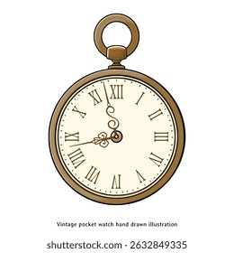 Vintage Pocket Watch Vector Illustration – Antique Gold Timepiece with Roman Numerals