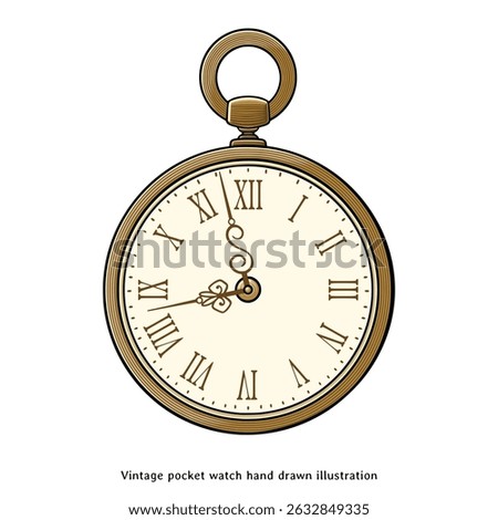 Vintage Pocket Watch Vector Illustration – Antique Gold Timepiece with Roman Numerals