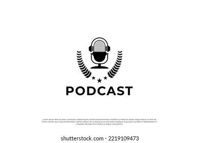 Vintage podcast badge, emblem, label logo design. microphone icon, wreath element logo concept.