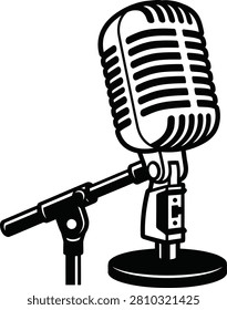 Vintage Podcast Microphone Vector Icon. Retro Studio Mic for Audio Recording, Live Broadcast, Radio Show, Standup Comedy, Sound Wave, Karaoke, Voice Over and Media Production Outline Design