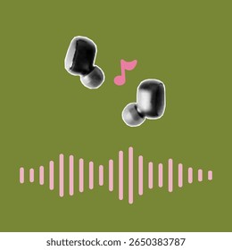 Vintage podcast show graphic with retro cutout elements. Halftone texture, vector illustrations of studio gear and music signals, headphones.