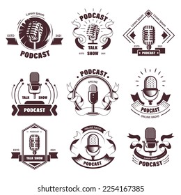 Vintage podcasts and symbols with vintage microphones. Isolated labels, communication and telling stories on radio, giving interview. Entertainment and records, webinars and shows. Vector in flat