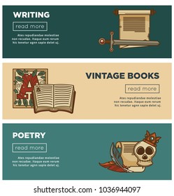 Vintage poetry books banners for bookshop or bookstore library of writing stationery