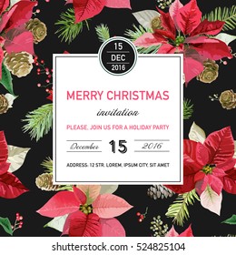 Vintage Poinsettia Christmas Invitation Card. Winter Background, Poster, Design. Vector