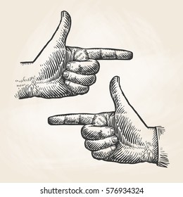 Vintage Pointing Hand Drawing. Forefinger, Index Finger Sketch. Vector Illustration