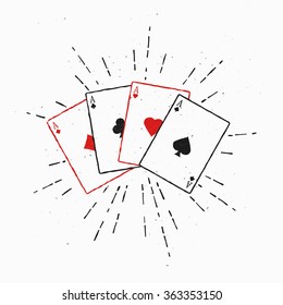 Vintage poker cards illustration. Vintage Four Aces. Vector Illustration with sunburst element. Template for print, cover, banner etc.