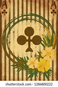 Vintage poker clubs card with flowers and wheat ears, vector illustration