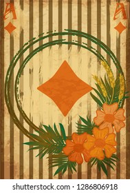 Vintage poker diamonds card with flowers and wheat ears, vector illustration