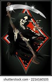 Vintage poker diamonds card Grim Reaper , vector illustration	