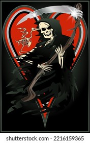 Vintage poker hearts card Grim Reaper , vector illustration	