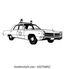 vintage police car, vector drawing, graphic, isolated, monogram, symbol, logo