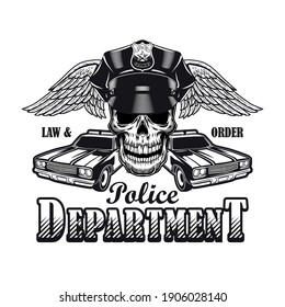 Vintage police officer skull with wings and cars vector illustration. Monochrome badge for police department. Law and order concept can be used for retro template, banner or poster