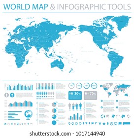 Vintage Political World Map Pacific Centered - Info Graphic Vector