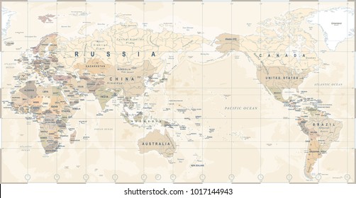 Vintage Political World Map Pacific Centered - Vector