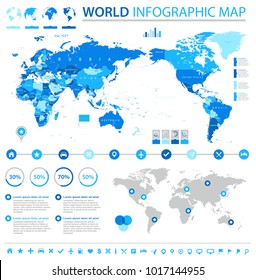 Vintage Political World Map Pacific Centered - Info Graphic vector