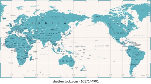 Vintage Political World Map Pacific Centered - Vector