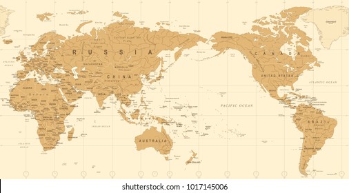 Vintage Political World Map Pacific Centered - vector
