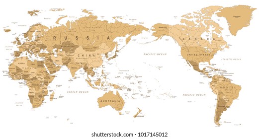 Vintage Political World Map Pacific Centered - Vector