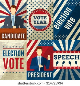 Vintage politics mini posters set with election candidates figures isolated vector illustration