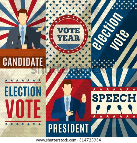 Vintage politics mini posters set with election candidates figures isolated vector illustration