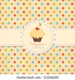Vintage polka dot card with frame and cupcake