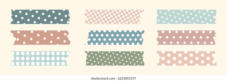 Vintage polka dot masking tape collection. Pastel torn sticky stripes in dotted pattern. Flat vector clipart for digital scrapbooking, notes, craft design, stationery, collage, digital stickers