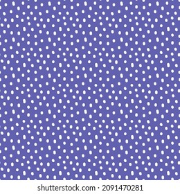 Vintage Polka Dot seamless pattern. White irregular spots, scattered various shape specks on Very Peri Violet background. Abstract vector fashion texture for nursery print, textile, fabric, scrapbook