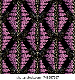 Vintage polka dots seamless pattern. Vector black abstract background. Violet 3d circles, polka dots, swirl lines, abstract flowers and modern surface ornaments. Beautiful fabric, walls texture. 