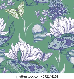 Vintage pond water flowers vector seamless pattern, Botanical shabby chic illustration lily, carp, snail leaves and twigs Floral design elements.