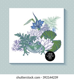 Vintage pond watery flowers vector greeting card, Botanical shabby chic illustration iris, lily, frog, wildflowers leaves and twigs Floral design elements.