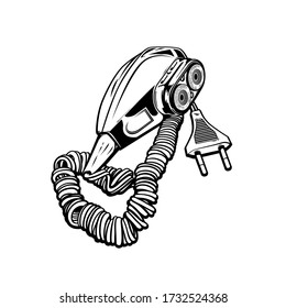 Vintage pop art cartoon illustration of old electric razor isolated on white background