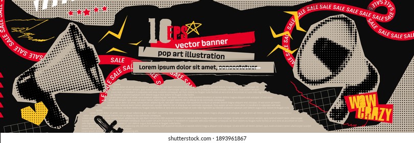 Vintage pop art collage with halftone sale banner. Poster design